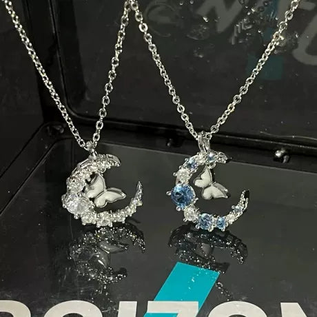 "Moon-Accompanying Diamond Butterfly Necklace" – A chic, niche-style, affordable luxury piece featuring a moon and snowflake design; an elegant, high-end accessory perfect as a gift for a girlfriend.