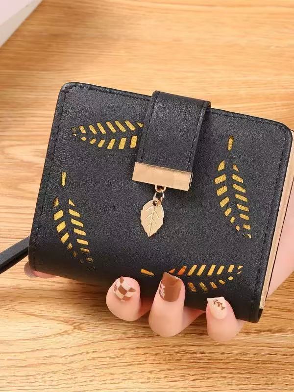 Popular Women's Short Bi-fold Wallet – Convenient, Leaf-Design, Korean-Style, Fashionable Cut-out Coin & Card Holder