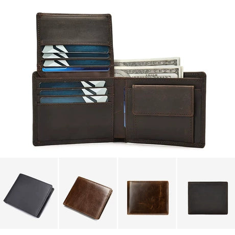 Men's Retro Genuine Leather Wallet – Euro/US Dollar Clip, Coin Pocket, RFID-Blocking, Short Handmade Design