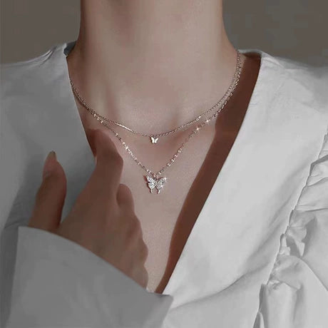Sparkling Rhinestone Double-Layer Butterfly Necklace – Trendy, Niche Design, Versatile, Affordable Luxury, Minimalist Style – Perfect Gift for Best Friends